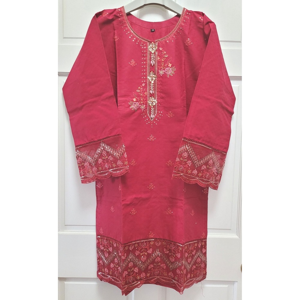 3pc Beaded & Sequin Cotton Salwar Kameez w/ Dupatta - Berry Red - Medium